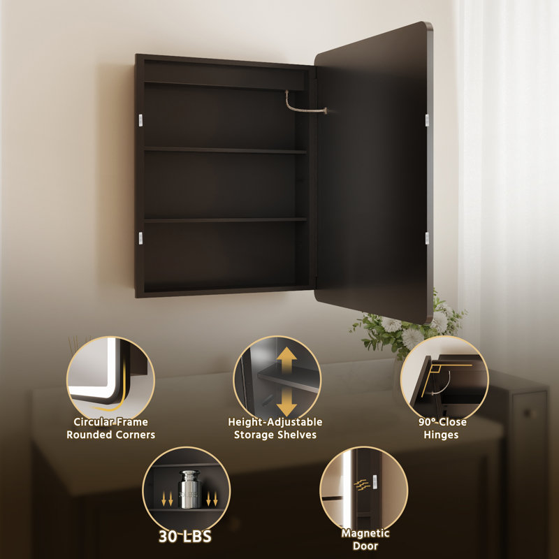 24 In. W X 30 In. H Lighted Recessed Or Surface Mount Medicine Cabinet With Mirror, Anti-Fog, Adjustable Shelves & Dimmable Front LED Lighting For Small Bathrooms And Guest Baths – Right Door