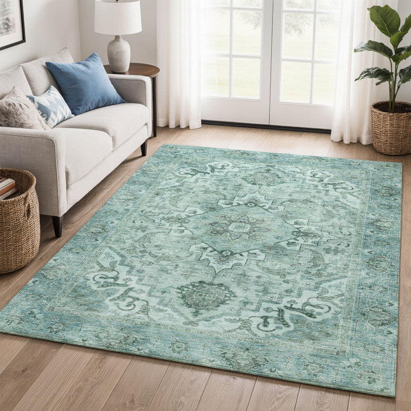 Premium Machine Washable Mayfield AMF2164 global Rug, Teal, Rectangle 8' x 10'