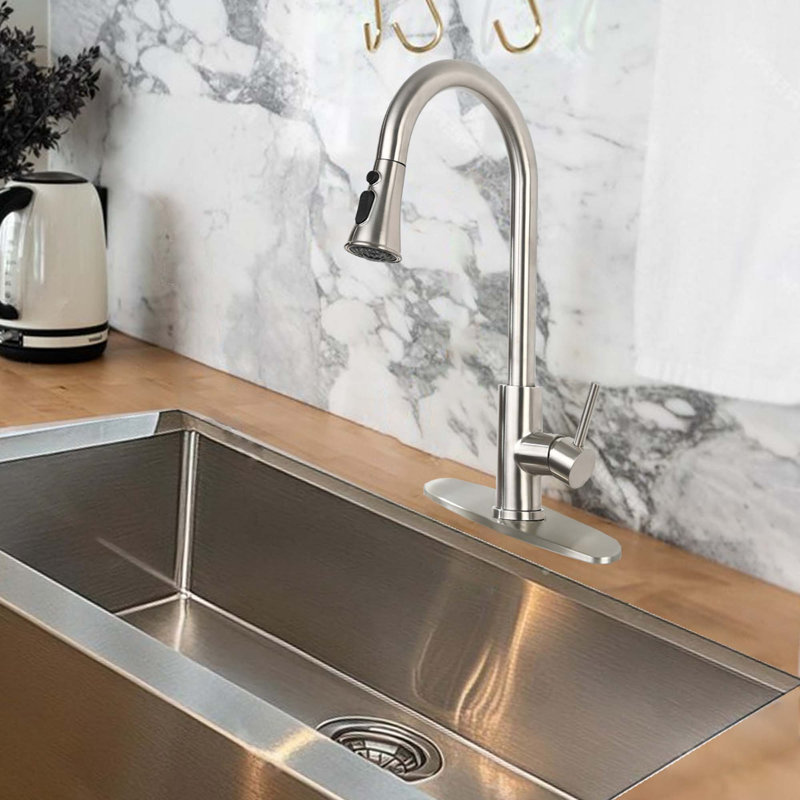 Robinet de cuisine rétractable à poignée simple - installation sur comptoir à un trou avec douchette en acier inoxydable