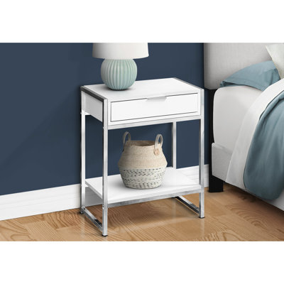 Table de chevet polyvalente en stratifié blanc brillant avec métal, tiroir de rangement et tablette inférieure ouverte pour le salon de la chambre à coucher
