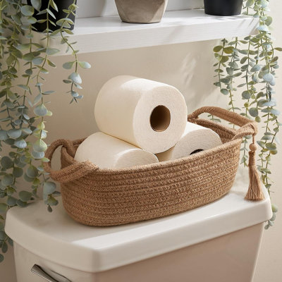 Panier décoratif en papier hygiénique Boho, corbeille en corde de coton de jute avec pampille, organisateur de salle de bain pour réservoir de toilette ou tablette