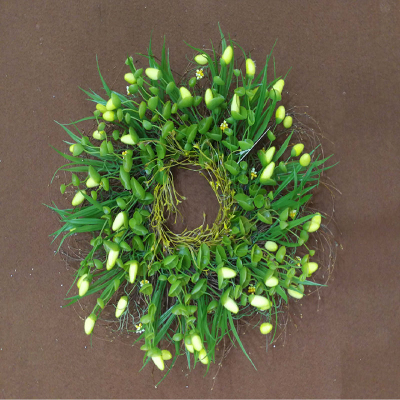 20-Inch Green and Yellow Flower Buds Leaves and Twigs Artificial Floral Wreath
