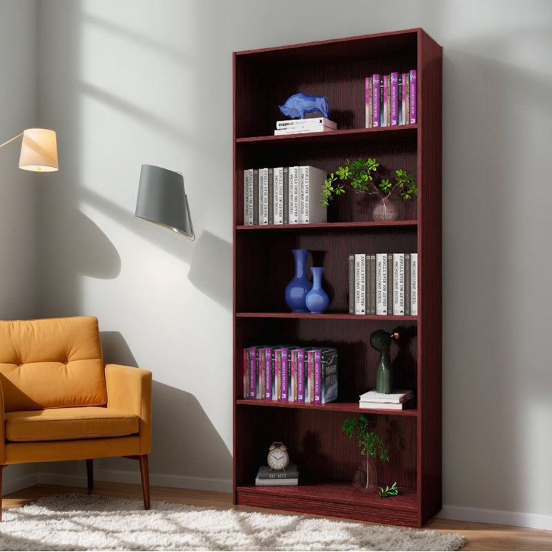 Five-Shelf Wooden Bookcase Display Cabinet With Elegant Bottom Front Moulding,Classic Mahogany Finish For Living Rooms, Offices And Libraries