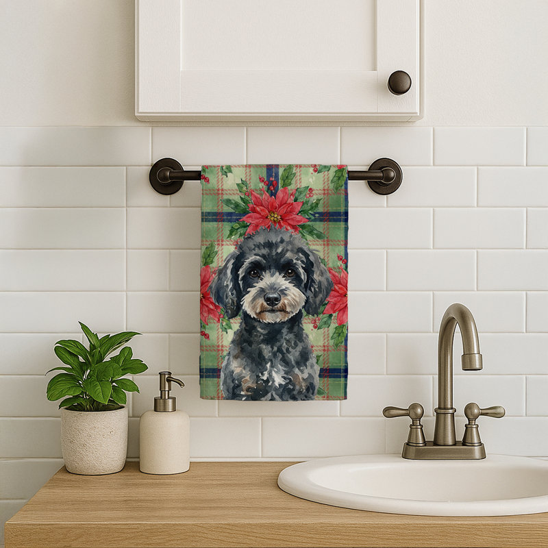 Miniature Black Poodle Christmas PoinsettIas Kitchen Towel, Miniature Black Poodle