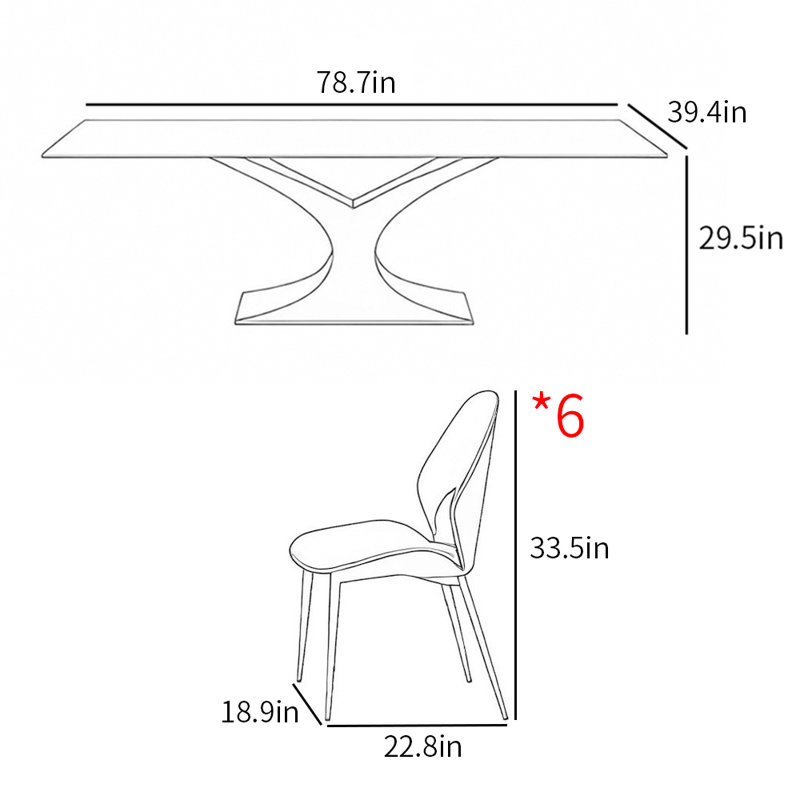 Italian style modern family dining table sets, White/Gray, 29.5"H x 78.7"L x 39.4"W