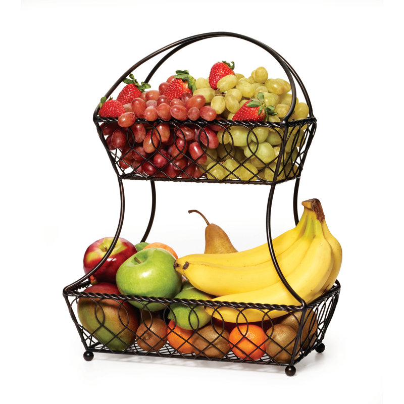 Antique Black 2-Tier Metal Fruit Basket with Lattice Design