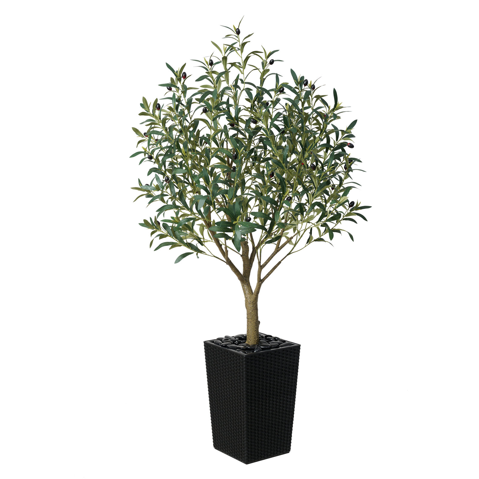 Altera UV Resistant Artificial Olive Tree for Indoor & Outdoor Decor, Large Plastic Base with Pebbles, Black