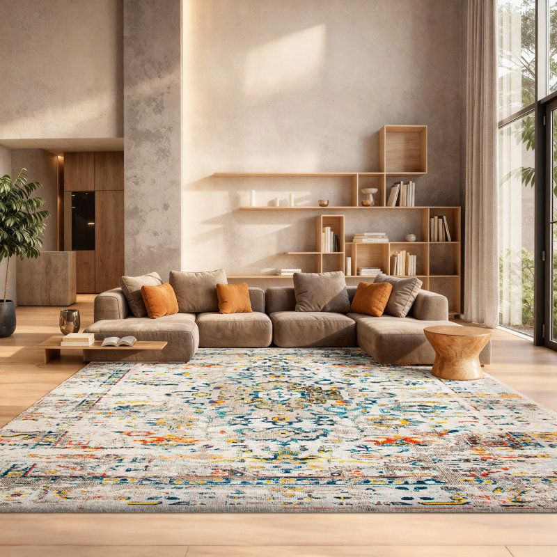 Felty Oriental Cream/Blue Area Rug, Rectangle 8' x 10'