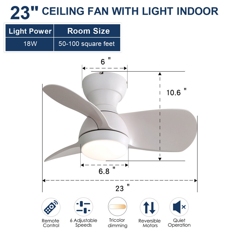 23 Inch Bedroom Ceiling Fan With 3 Color Dimmable 3 Abs Blades Remote Control Dc Motor With 18W Led Light, White