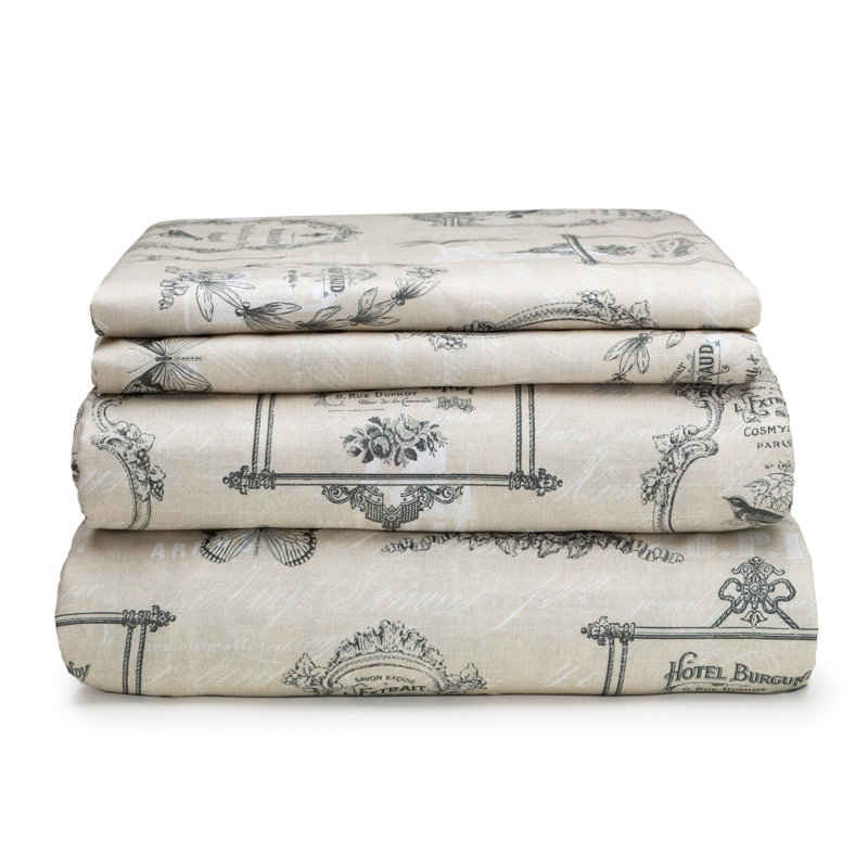 Ensemble de draps 100% coton, Drap-housse très grand avec 2 taies d'oreiller, Lin / gris