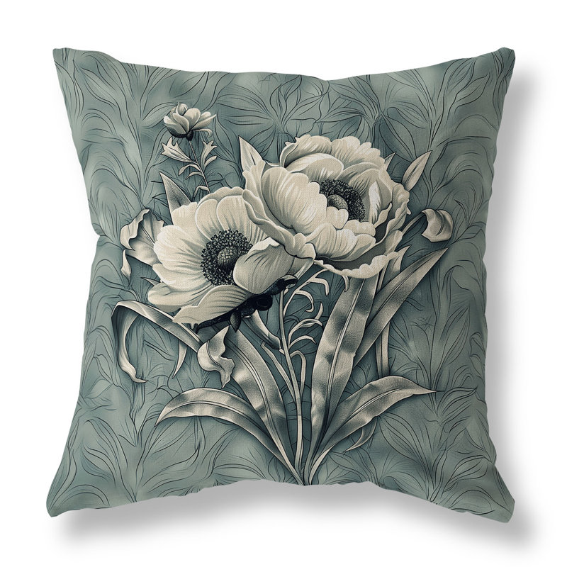 Coussin décoratif intérieur / extérieur Peony, H 16 po x l 16 po, Bleu / Vert