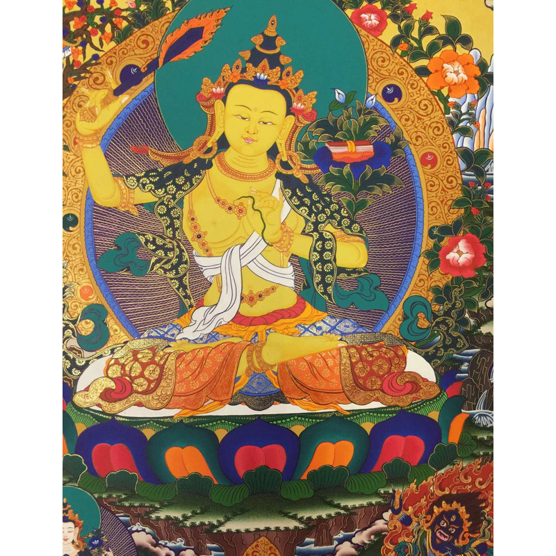 Manjushri (Thangka sans brocart) | Or pur 24 carats, gouache et acrylique sur toile de coton