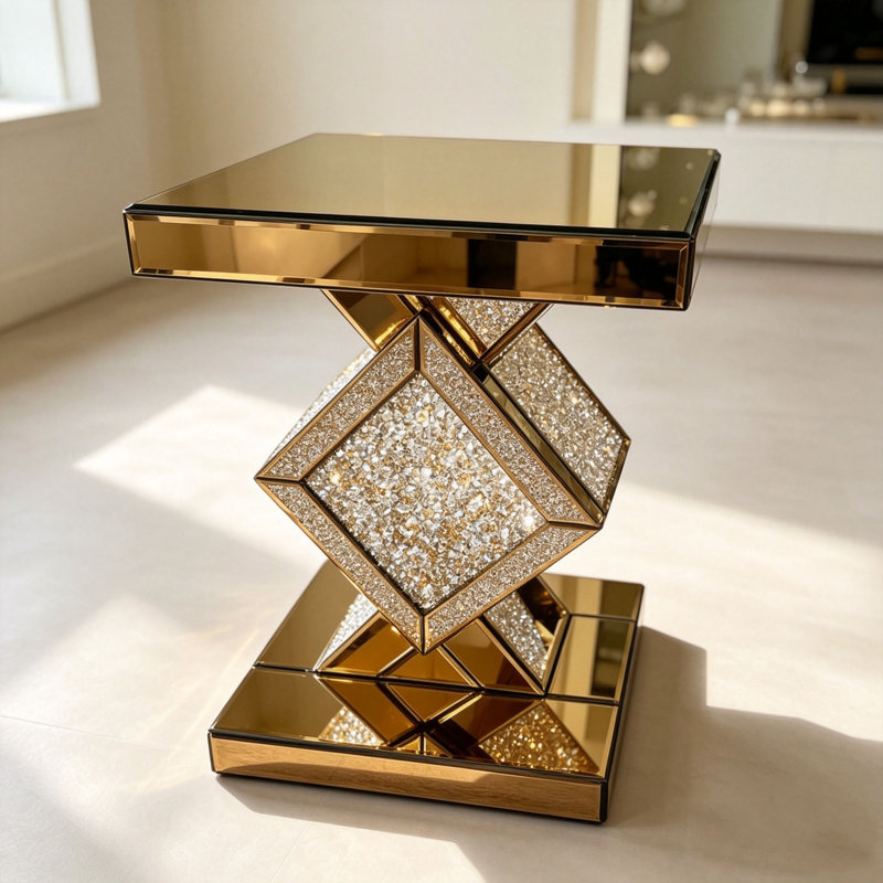 Table d'appoint miroir diamant, table d'appoint brune