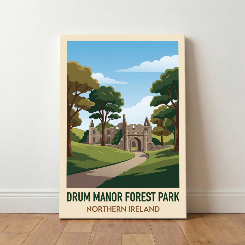 Drum Manor Forest Park, Northern Ireland - Romantic Woodland Ruins Travel Poster. Giclee Print on Wrapped Canvas. Wall Art, Home Decor - Parks & Gardens, Northern Ireland 1 Piece Wrapped Canvas Wall Art