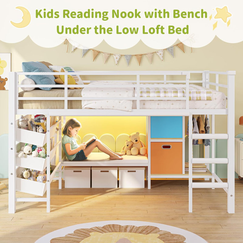 Twin Size Low Loft Bed with Reading Nook & RGB LED Lights, Metal Kids Bed Frame with Storage Drawers, Bookshelf & Full Safety Guardrail, No Box Spring Needed