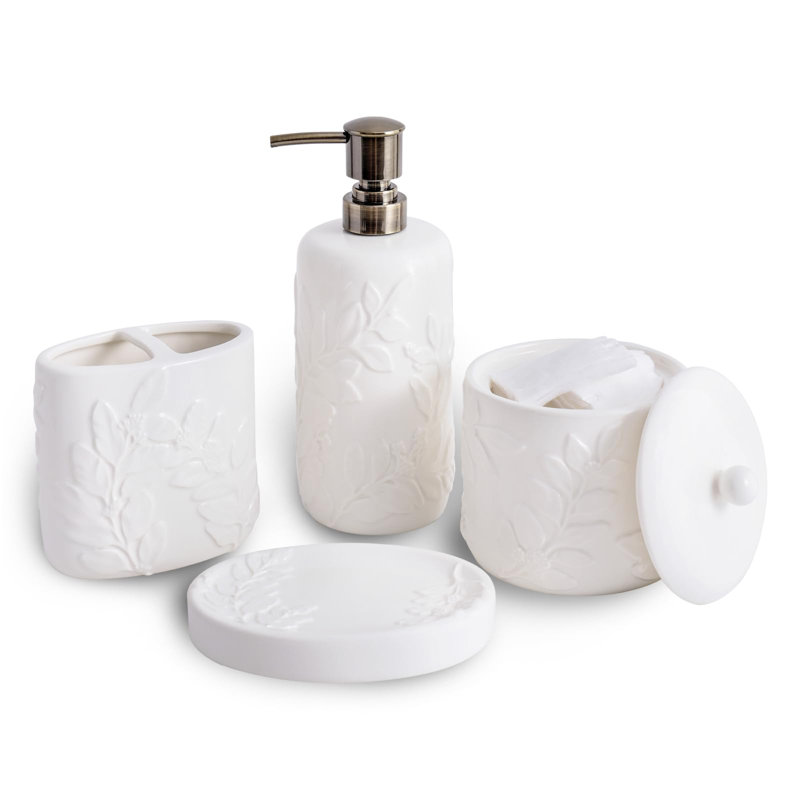Ensemble d'accessoires de salle de bain, ensemble complet d'accessoires de salle de bain en céramique 4 pièces avec distributeur de lotion à motif de feuilles 3D, pot en coton, porte-savon, gobelet (blanc)