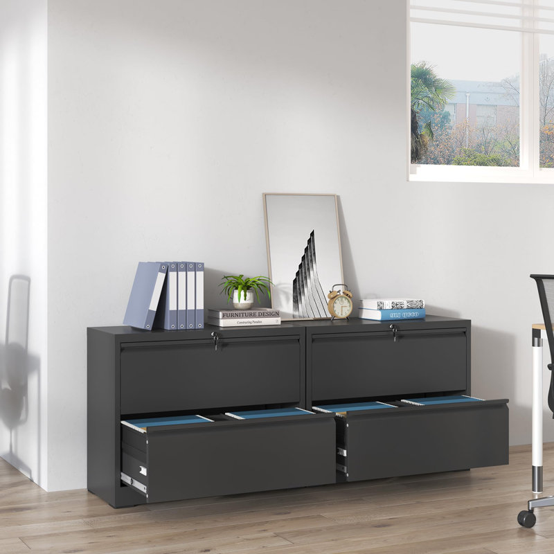 35.43"W 2 Drawer Metal Lateral File Cabinet with Lock for Home Office A4/Letter/Legal Size, Black