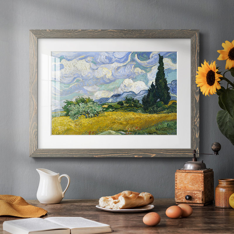 Champ de blé avec cyprès - reproduction encadrée rustique avec tableau mat, Gris, H 28 po x l 42 po x P 1,5 po