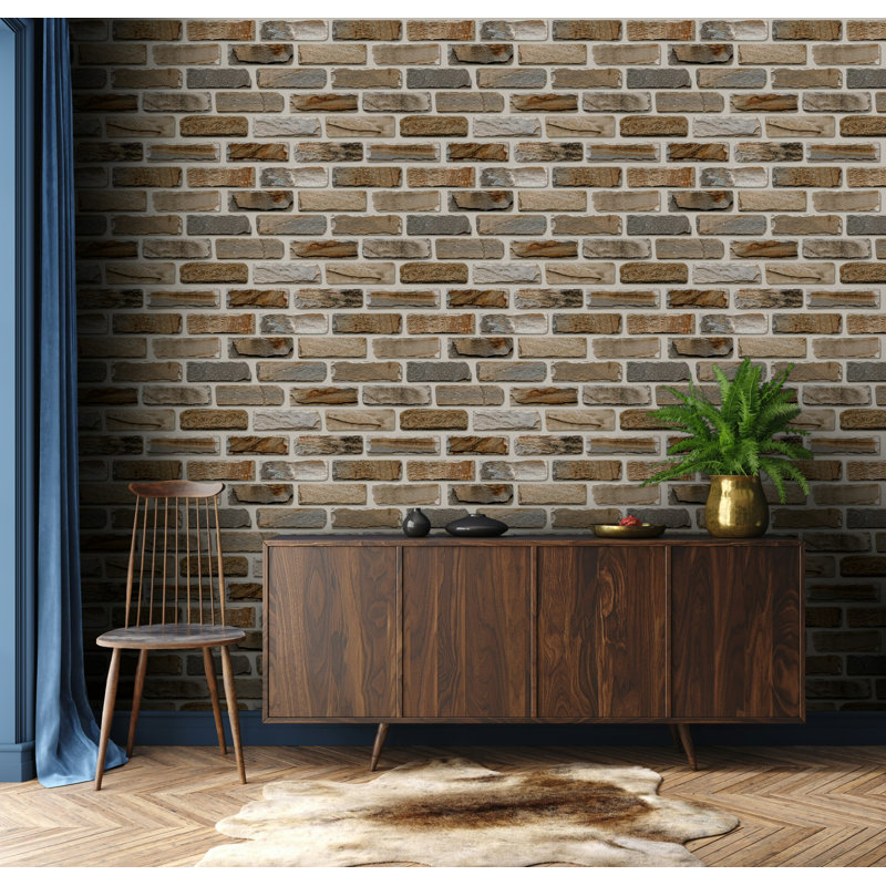 Rustic Stacked Stone Beige Gray Brick Wallpaper, 100" L  x 150" W