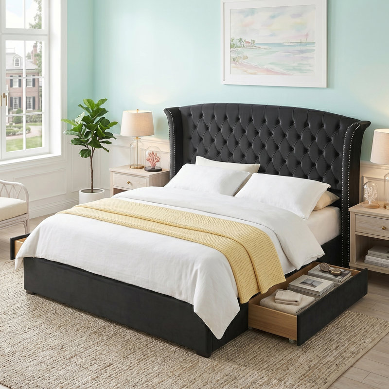 Button Tufted Wingback Velvet Upholstered Platform Bed with Storage Drawers, King, Black Velvet, King, Black