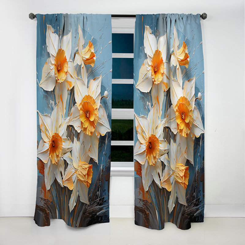 Fleur de jonquilles gris orageux blanc - rideau jonquilles - occultant floral, L 52 po x L 90 po