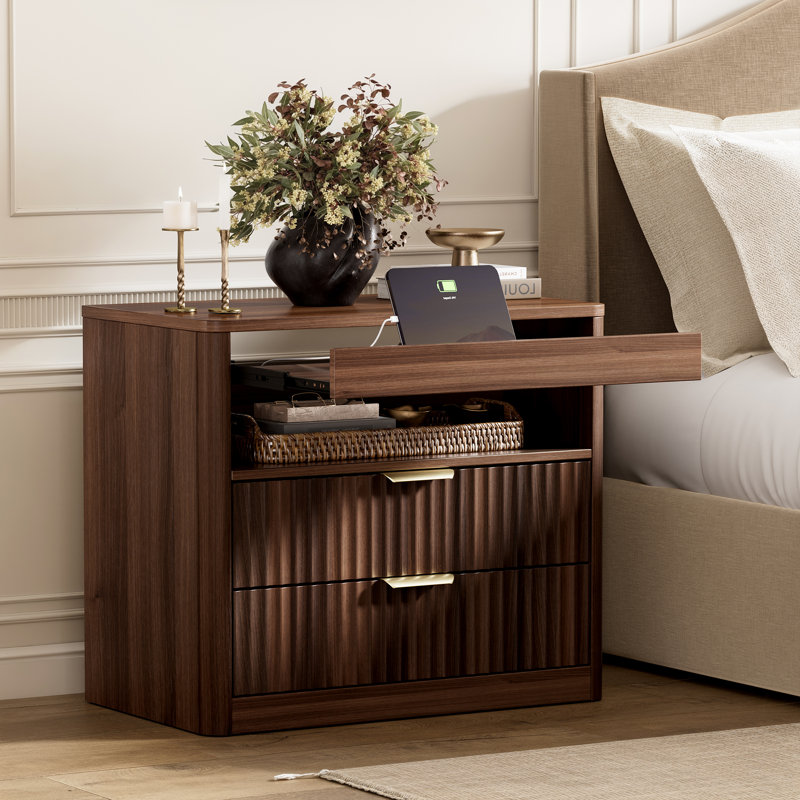 27”Nightstand With 2-Drawers & Open Shelf, Bedside Table With Outlets,End Table With 1 Pull-Out Shelf, Night Stand For Bedroom