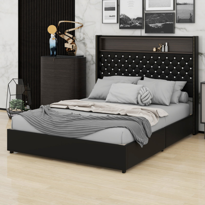 Structure de lit tapissier capitonné avec veilleuse, ports USB et tablette de tête de lit, lit plateforme avec tête de lit haute Rivet