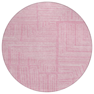 8' Pink And Ivory Round Geometric Washable Indoor Outdoor Area Rug