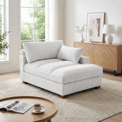 Chaise longue surdimensionnée rembourrée en chenille blanc cassé avec accoudoirs et coussins décoratifs