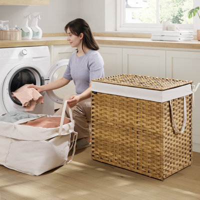 Panier à linge avec couvercle, panier à linge 160 L avec 2 sacs de doublure amovibles, 6 sacs en filet, panier à linge en osier, panier à linge double pour salle de bain, 26 x 15,7 x 24 pouces