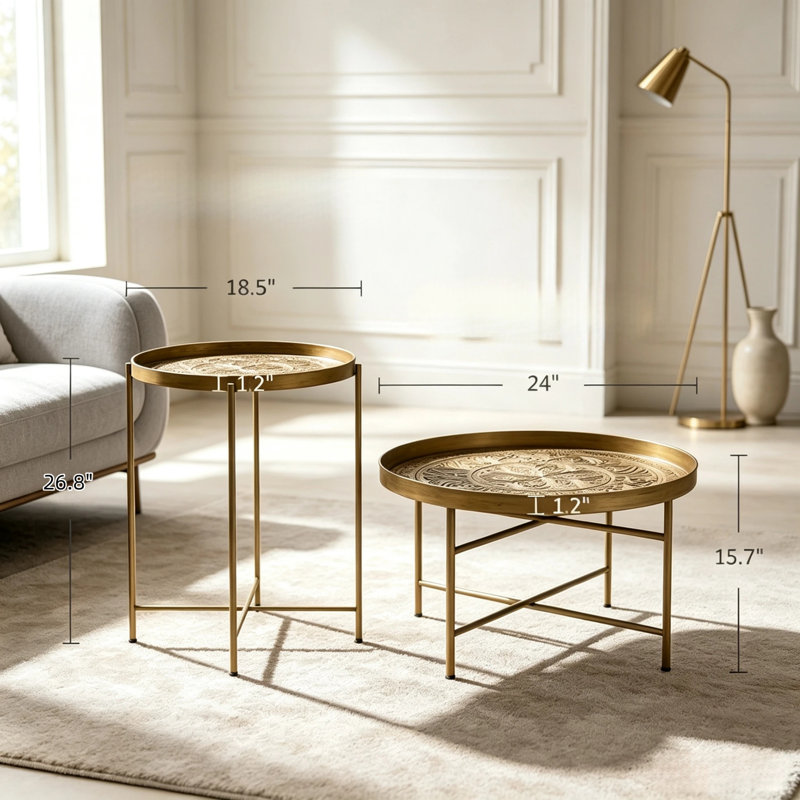 Ensemble de tables basses gigognes rondes avec motif martelé et pieds réglables