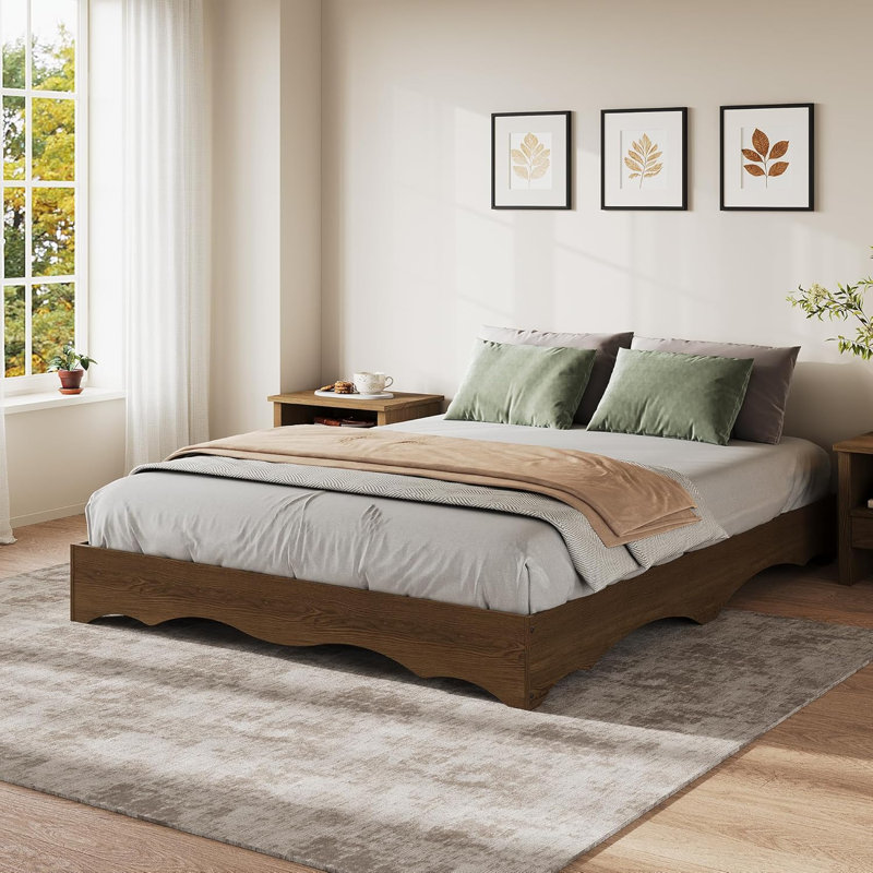 Base de lit plateforme en bois Minimalist Wavy Edge, Queen, Brown