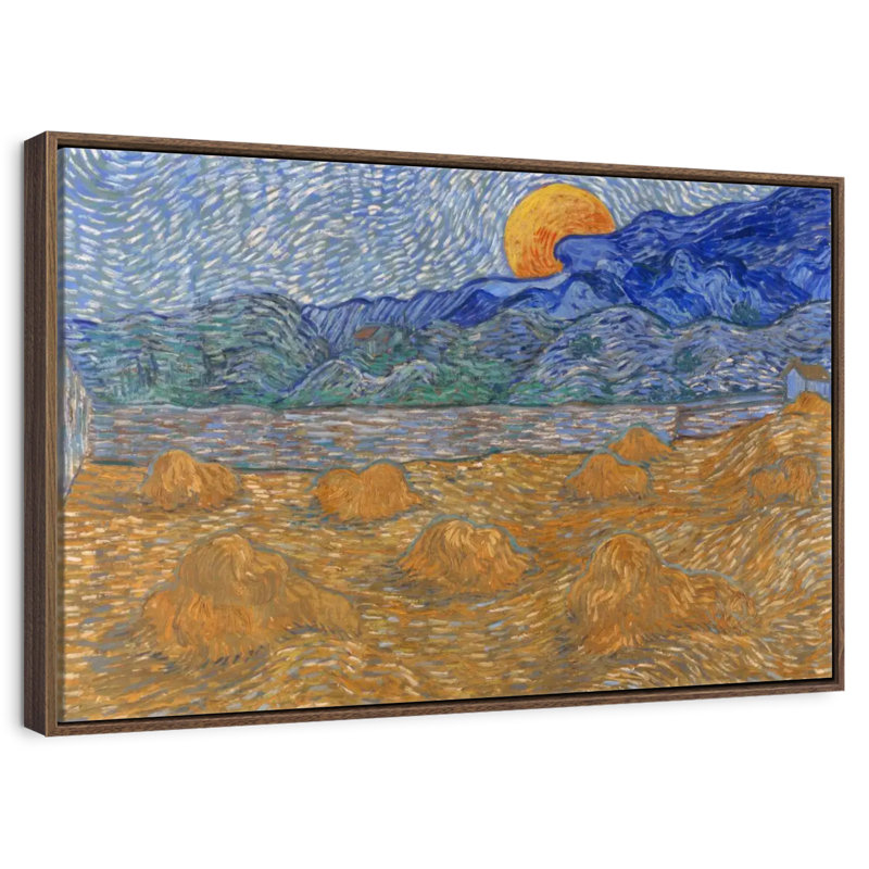 Gerbes de blé et lune montante, 43 po x 29 po, Cadre flottant noyer