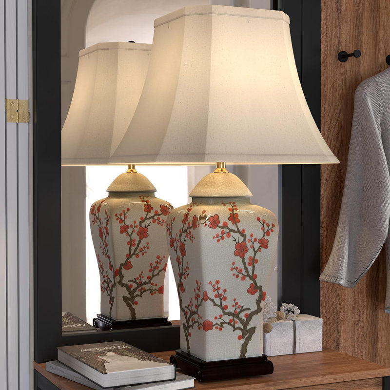 Hand-Painted Cherry Blossom Porcelain Table Lamp With Square Bell Shade And UL-Approved Wiring