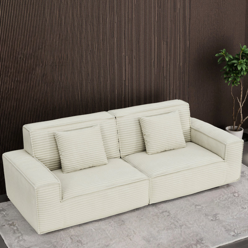 106,3 pouces de compression moderne avec revêtement en microfibre beige, support complet en éponge, multifonctionnel pour différents espaces, 3 sièges, rebond élevé, matériau principal, salon et chambres d'amis,