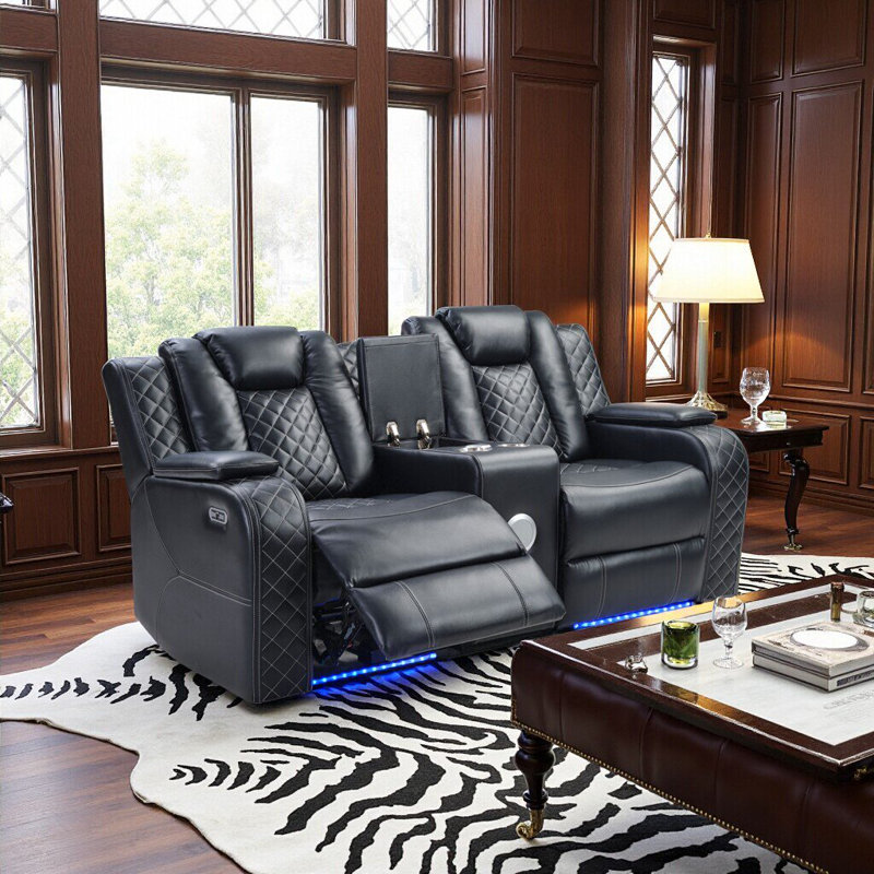 Canapé à inclinaison électrique en cuir à deux moteurs avec console et haut-parleur Bluetooth Lamica, Noir