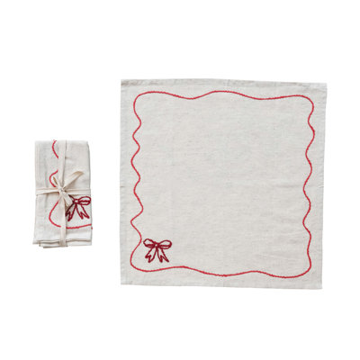Embroidered Bow Scalloped Cotton & Linen Napkins