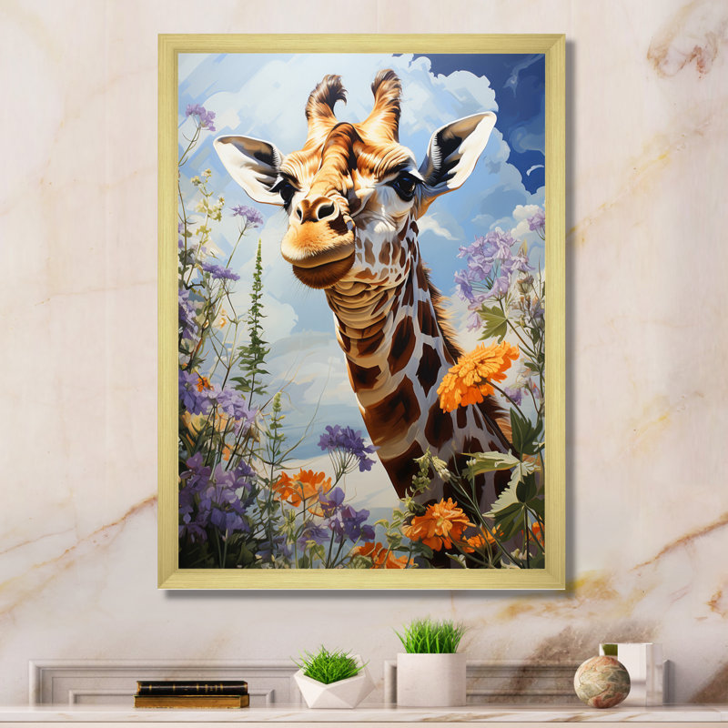 Girafe élégante, reproduction d'art sur toile, H 32 po x l 24 po x P 1 po, Encadrement doré