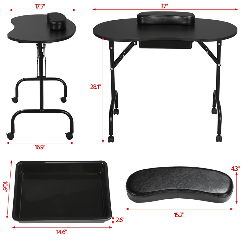 Table de manucure pliante avec roues verrouillables et sac, Noir
