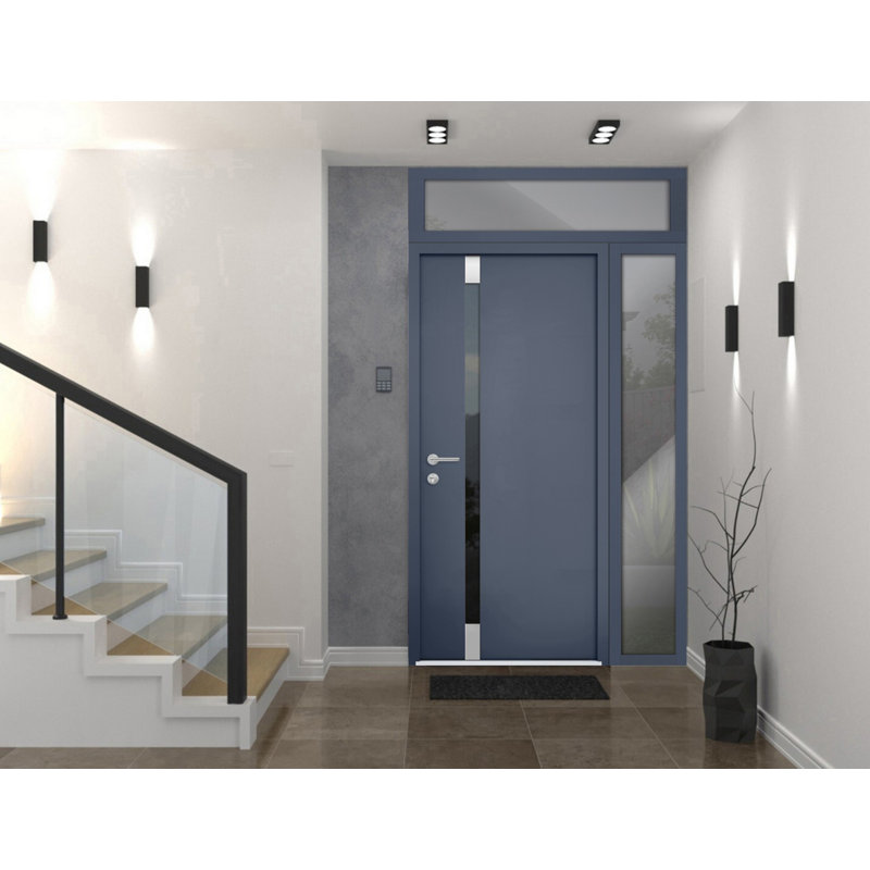 Porte d'entrée extérieure prémontée en acier Cynex 6777 grise, fenêtres latérales et supérieures extérieures, inserts en acier inoxydable, style moderne, peint, dimensions : L 81,3 cm + 30,5 cm x H 203,2 cm + 40,6 cm, ouverture à droite vers l'intérieur