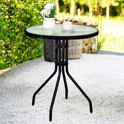 Table basse ronde de 24 pouces pour bistro, table d'appoint de patio en métal avec plateau en verre trempé, table d'appoint noire résistante aux intempéries pour patio, balcon, porche, jardin et intérieur / extérieur