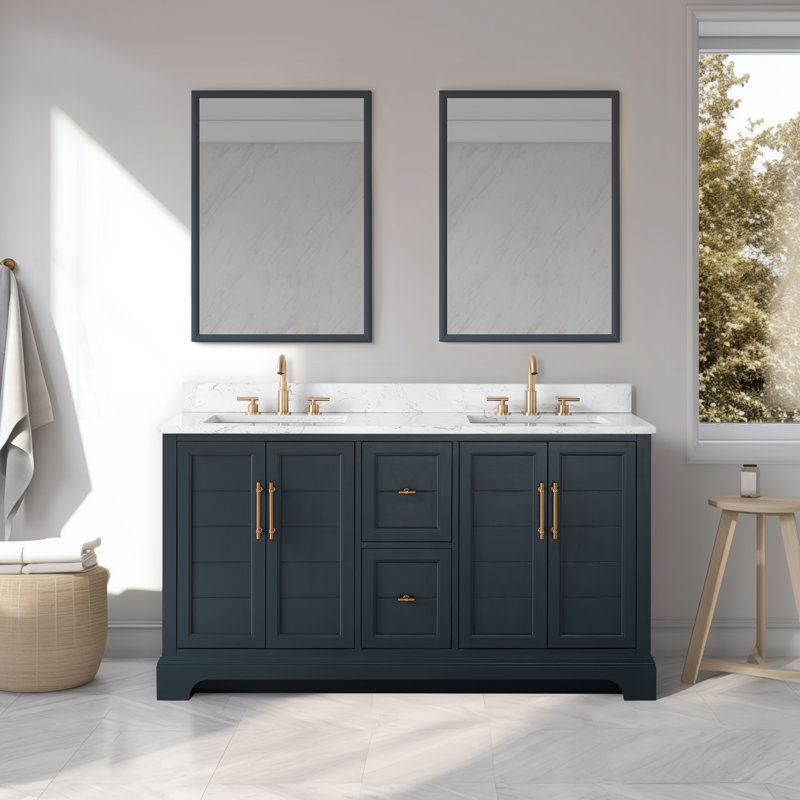 Komarek 60" Freestanding Double Sink Bathroom Vanity with Top, Vintage Blue