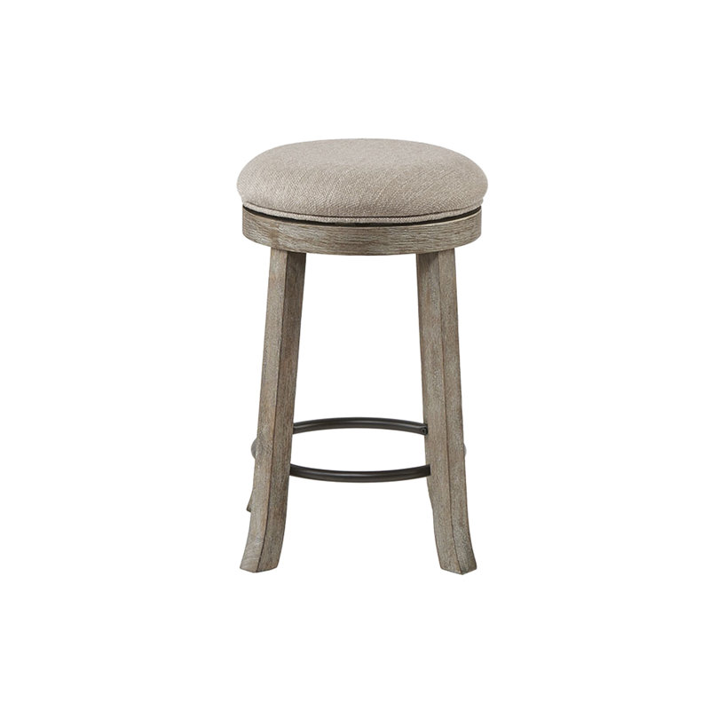 Tabouret de comptoir rembourré texturé gris avec une rotation de 360 degrés et une structure pivotante légèrement patinée