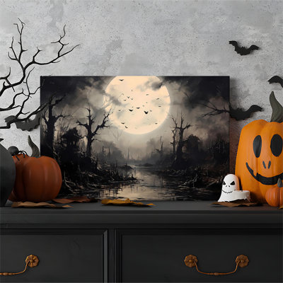 Tableau encadré sur toile (1 pièce), imprimé artistique représentant un corbeau dans un marais gothique sombre, au clair de lune, avec un arbre mort. Parfait pour le salon, la chambre à coucher, le bureau, la salle de bain, une chambre d'étudiant ou toute autre pièce de la maison. Prêt à accrocher.