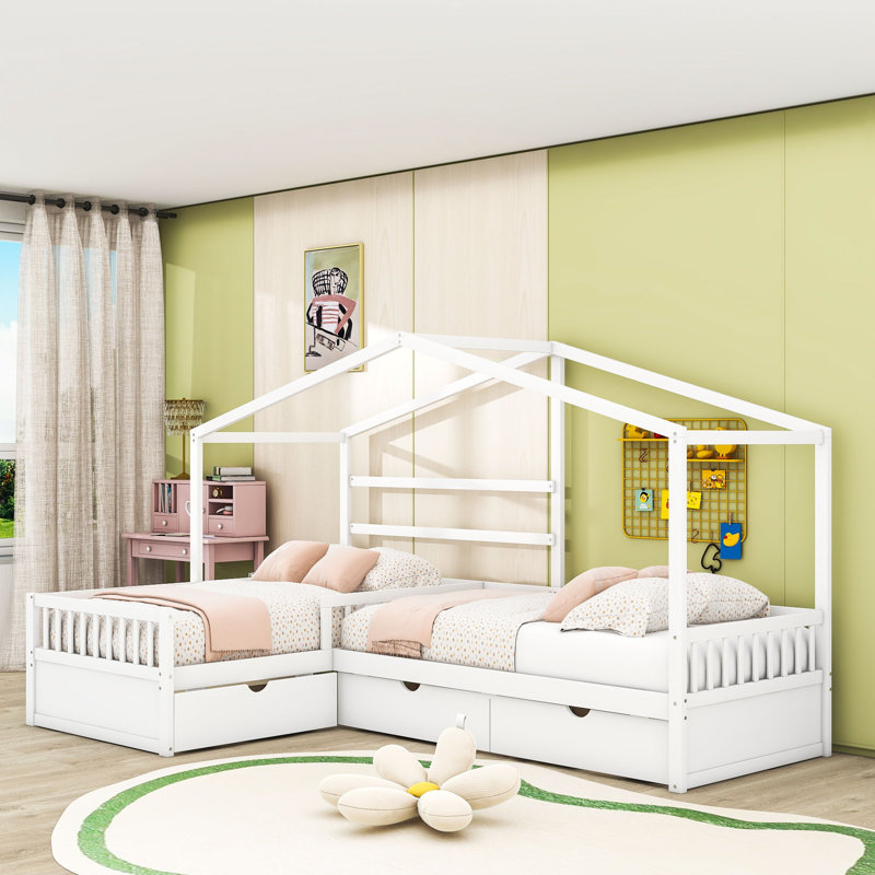 Lit plateforme simple en L en bois avec tiroirs de rangement intégrés, Blanc