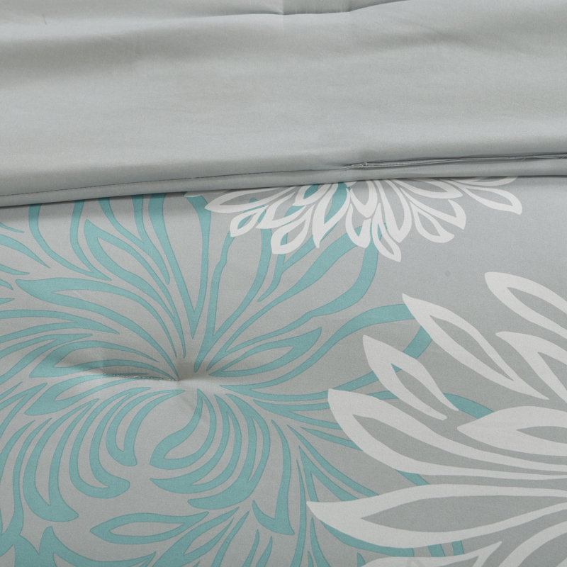 Ensemble d'édredon à motif floral avec draps en coton Maible, Turquoise, Cal. Édredon très grand + 1 jupe de lit + 2 taie