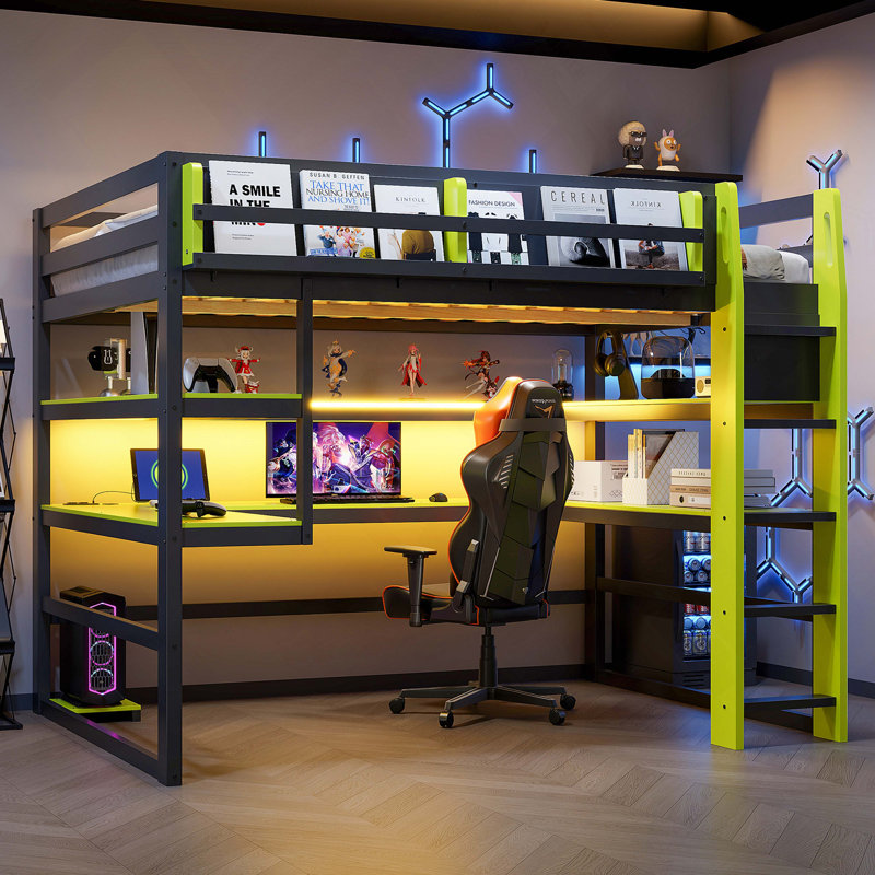 Lit mezzanine en bois avec bureau, support de rangement latéral, tablettes multiples et lumière RVB, Double, Vert