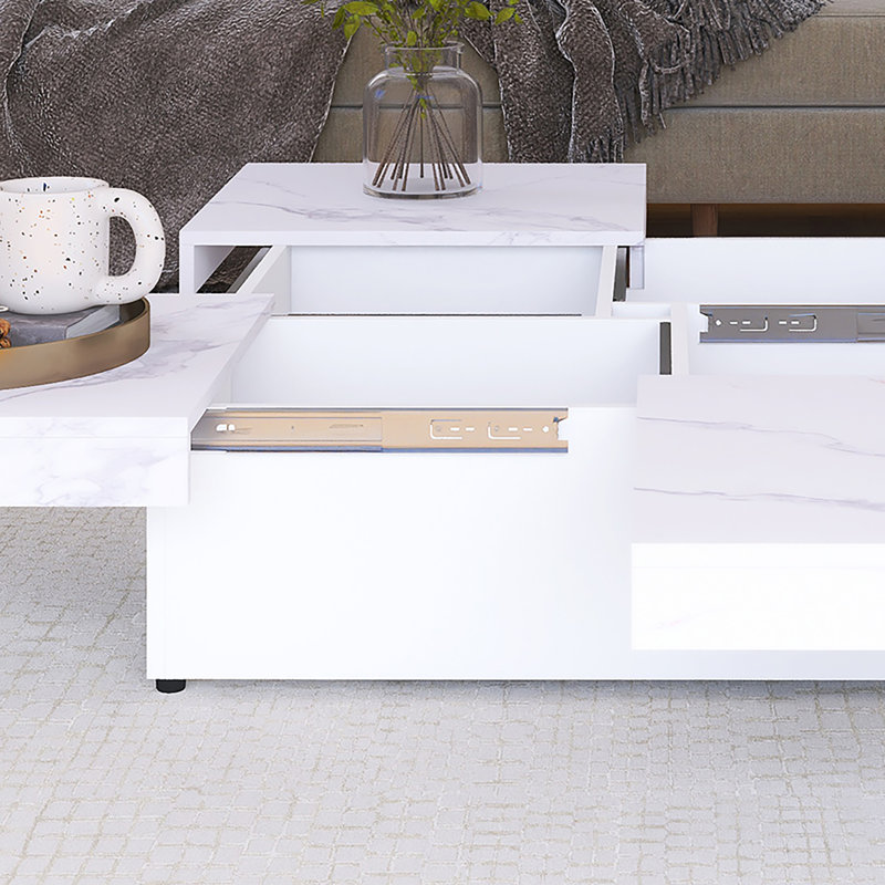 Table basse 39,4 po carrée en placage de marbre avec plateau coulissant et rangement, Blanc