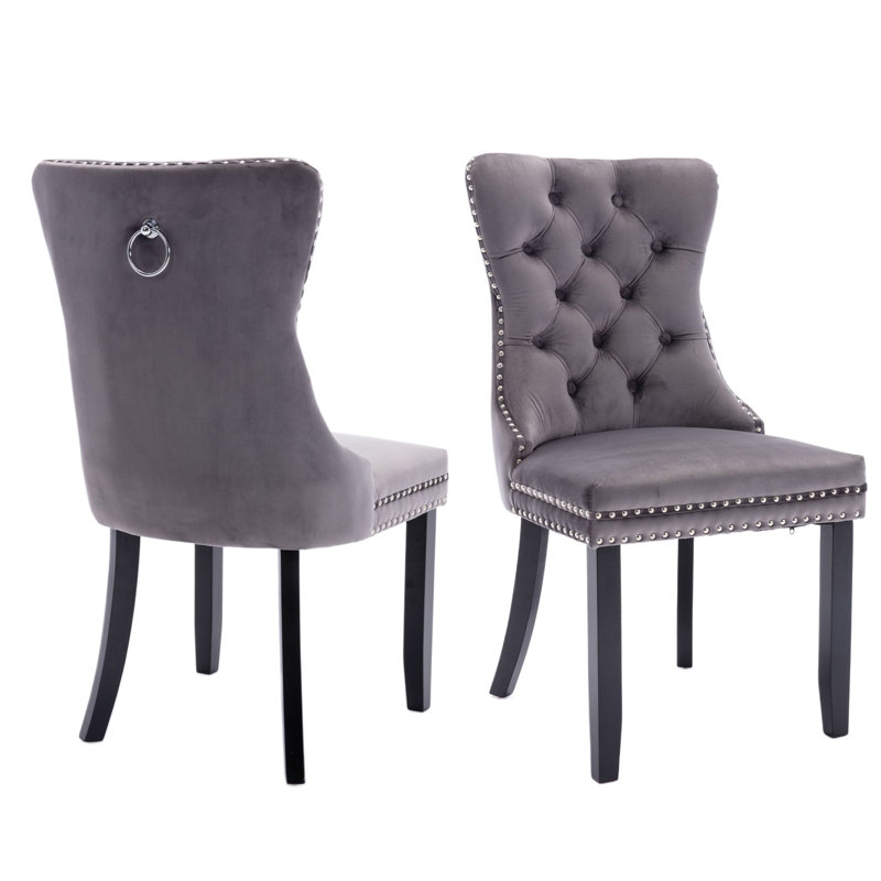 Chaise de salle à manger en velours avec anneau à dossier et pieds en bois massif, 2, Gris, Noir