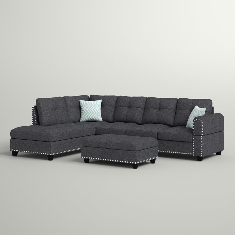 Alger Left-Hand Facing Sectional with Ottoman, Charcoal Gray Linen Blend